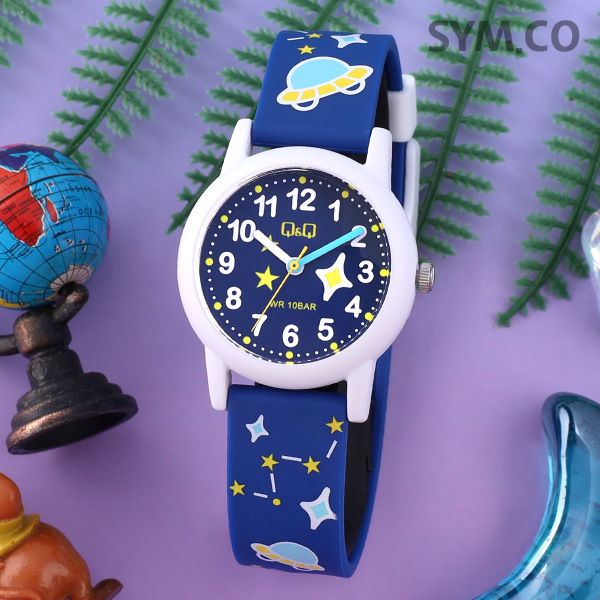 큐앤큐 V23A-017VY 학습에 좋은 블루 우주선 캐릭터 어린이 아동 우레탄 시계 a